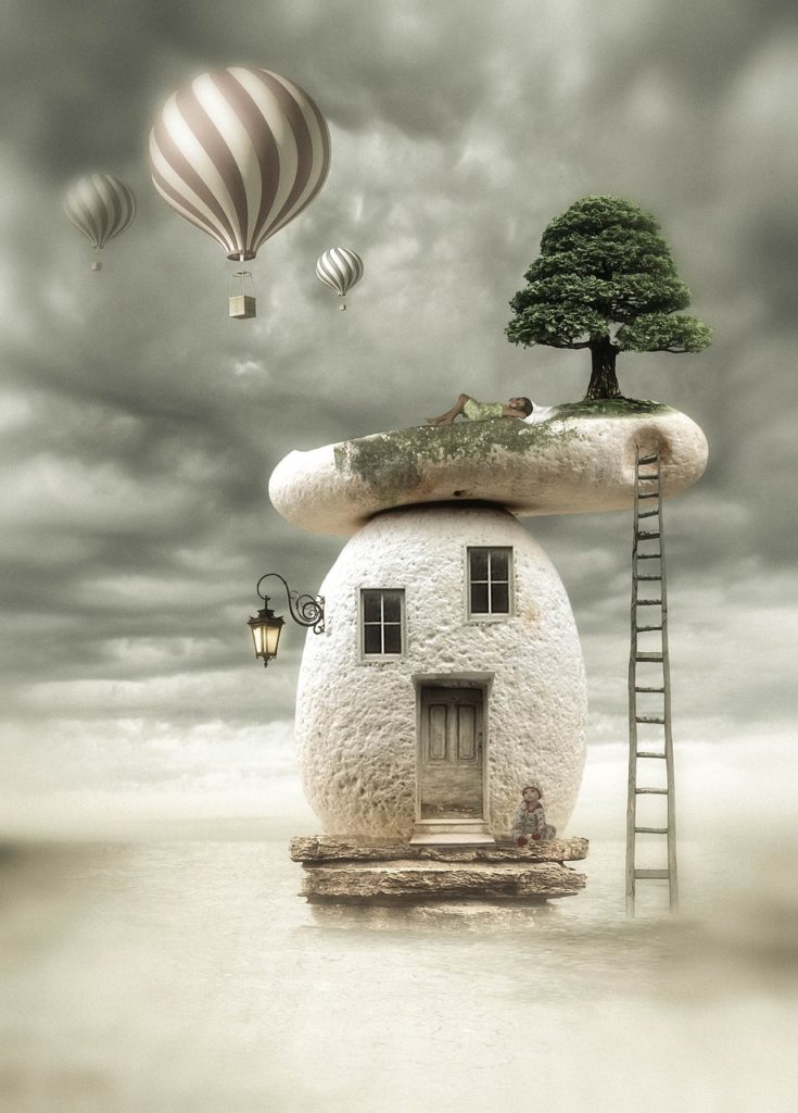 stone house, hot air balloon, fantasy
